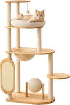 Modern Cat Tree with Scratching Post, Solid Rubber Wood Cat Tree Tower for Indoor Cats with Cotton Nest, Space Capsule, Cat Scratching Ball and Board
