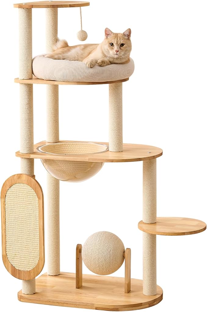 Modern Cat Tree with Scratching Post, Solid Rubber Wood Cat Tree Tower for Indoor Cats with Cotton Nest, Space Capsule, Cat Scratching Ball and Board