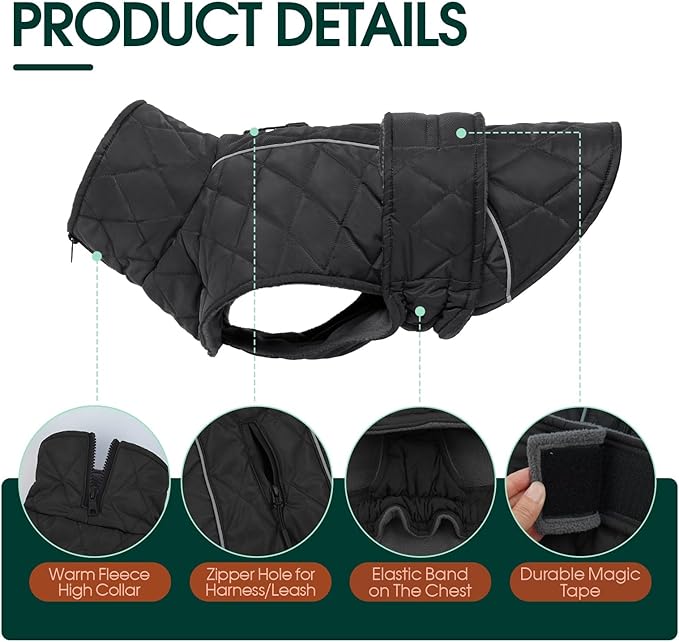 Kuoser Dog Coat, Super-Warm Dog Jacket Windproof Pet Cold Weather Coats for Extra Large Dogs, Fleece Lining Quilted Turtleneck Puppy Snowsuit Reflective Adjustable Doggie Winter Clothes, Grey, 3XL