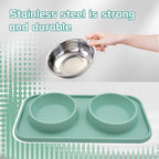 Double Dog Food Bowls Stainless Steel with No Spill Non Skid Silicone Mat Removable Dog Water and Food Bowls Set Durable Feeding for Small Dogs Puppy Cat Kitten(Blue)