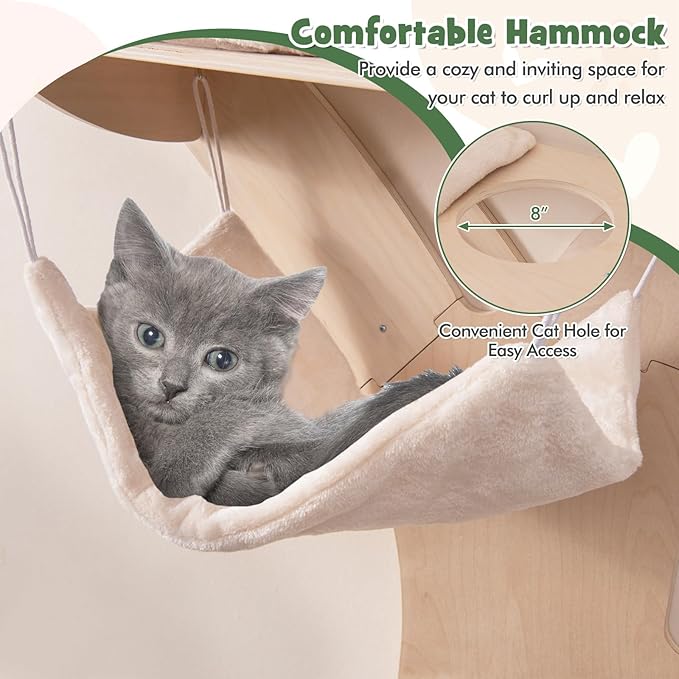 Tangkula Cat Wall Shelves, Wall Mounted Cat Tree Furniture with 4 Padded Platforms, Hammock, Sisal Scratching Mat, Removable & Washable Cushions, 5-Level Cat Climbing Steps for Wall