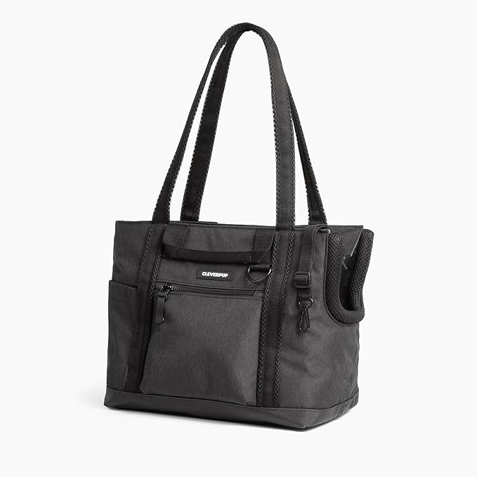 Cleverpup Transit Tote Dog Carrier for Small Dogs up to 8 lbs, 16x11x8 Soft-Sided 4-Pc Set with Waterproof Base, Plush Insert, Food Pouch, Mesh Head Opening - Small, Graphite Graphite