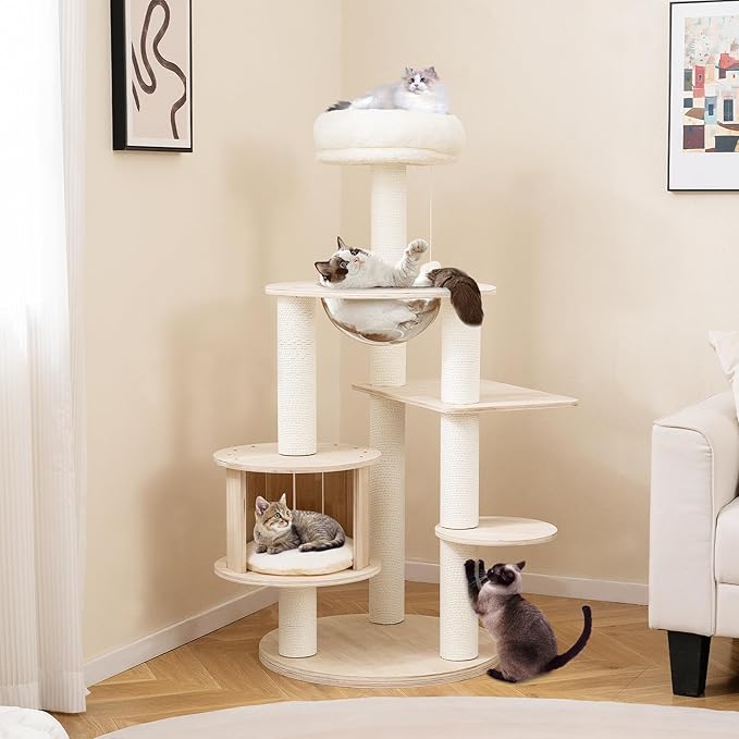 PETSITE 52 Inches Wooden Cat Tree, Multi-Level Modern Cat Tower with Scratching Posts, Space Capsule, Condo, Interactive Hanging Ball, and Top Perch with Removable and Washable Cushions