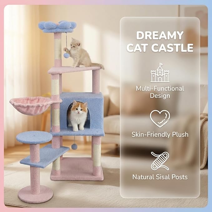 Flower cat Tree with Large condo Removable Flower Cushion and Hammock Blue