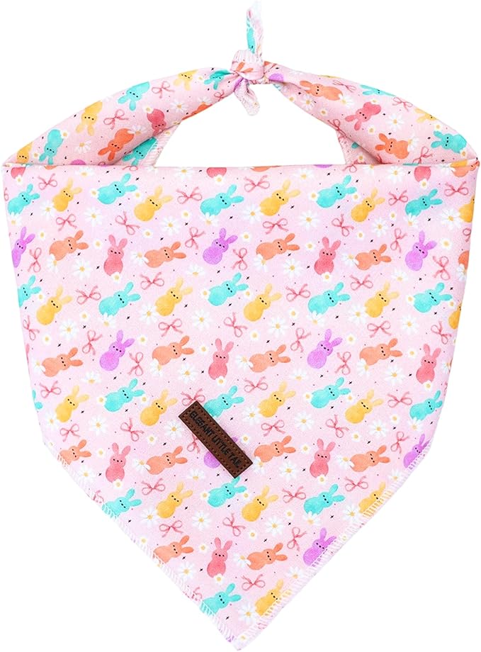Elegant little tail Easter Dog Bandana, Bunny with Flower 1PC Washable Dog Scarf Female or Male Square Bib Kerchief Scarf Adjustable Pet Bandana for Medium Large Dogs