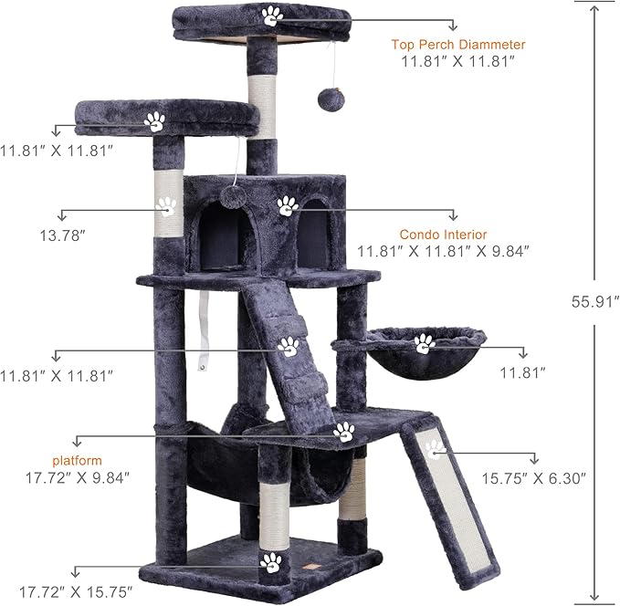 Heybly Cat Tree, Cat Tower for Indoor Cats, Multi-Level Cat Furniture Condo for Cats with Padded Plush Perch, Cozy Basket and Scratching Board, Smoky Gray HCT014G