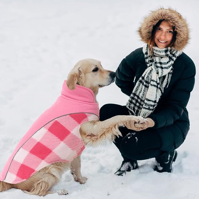 Kuoser Dog Winter Coat, Reversible Waterproof Dog Jacket with Leash Hole, Warm Dogs Fleece Vest Adjustable Doggy Cold Weather Clothes Plaid Christmas Outfit Pet Apparel for Extra Large Dogs, Pink 3XL