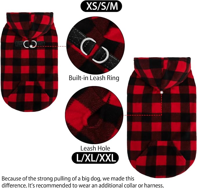EXPAWLORER Dog Hoodie Fleece Sweater Vest, Plaid Dog Sweatshirt Fall Winter Pet Clothes with Leash Ring, Sleeveless Warm Cozy Puppy Clothing for Cat Small Medium Large Dogs Girl Boy, Checkered XS