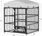 DWVO Outdoor Dog Enclosure with Rotating Feeder Bowls, 4'L x 4'W x 5'H Dog Kennel Outside with Roof, Heavy Duty Dog Cage with UV-Resistant Waterproof Cover for Small Medium Dogs
