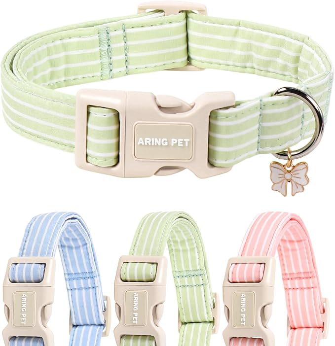 ARING PET Stripe Dog Collar, Cute Spring Summer Green Stripe Pet Collars with Bow Charm for Puppy Small Medium Large Boy Girl Dogs-XS, for Daily Outdoor Walking Training