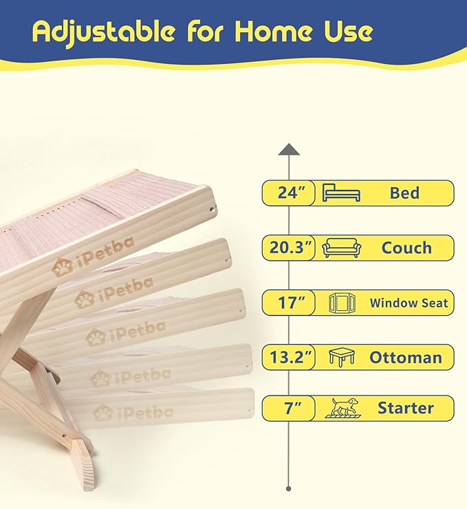 Pink Dog Ramp for Bed & Couch– Adjustable, Anti-Slip Pet Ramp for Small & Medium Breeds, Joint-Friendly Design, Supports Up to 70 lbs