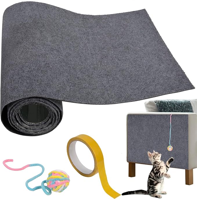 Cat Scratching Mat - 79"x16" Trimmable Cat Scratching Carpet Mat, Large Self-Adhesive DIY Cat Scratch Mat Roll, Cat Tree Shelves Replacement Mat Pad, Couch Furniture Protector, Toy Ball&Strong Tape