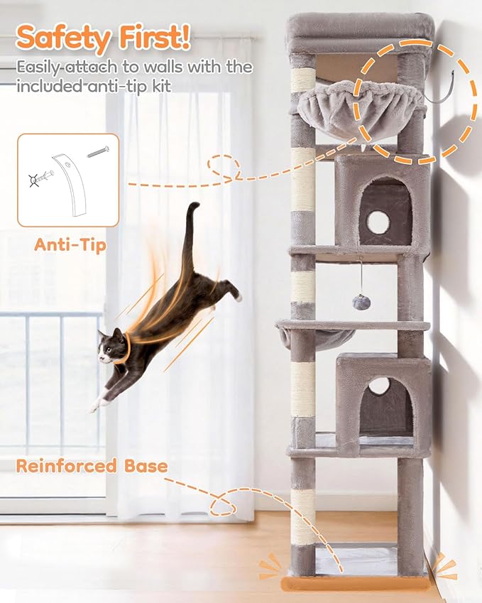 Taoqimiao 73 Inch Cat Tree XXL, Cat Tower for Indoor Cats, Large Cat Tree for Big Cats, Enlarged Platform, 2 Spacious Cat Condos, 9 Scratching Posts, 2 Cozy Baskets, F30W Light Gray