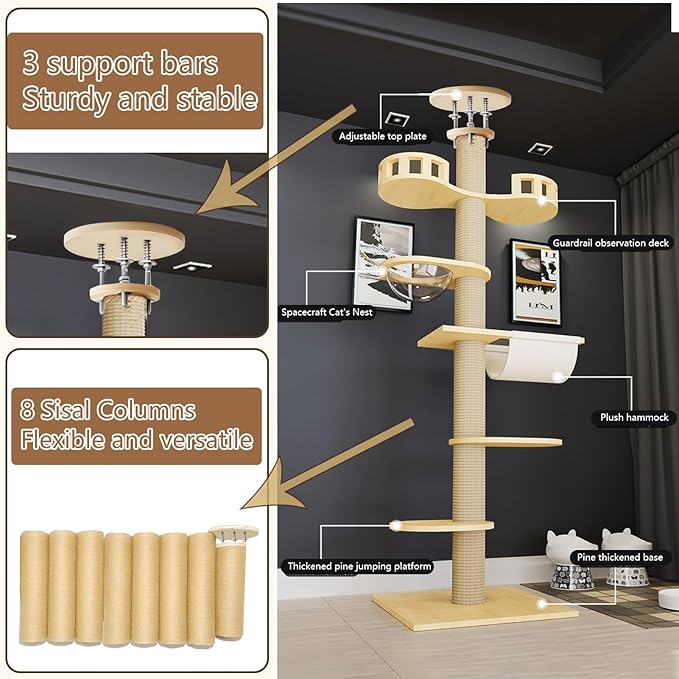 Floor to Ceiling Cat Tree, Height Adjustable Cat Tower with 6 Tiers and Hemp Rope Scratching Posts, Stable Multi-Level Activity Center, Perfect for Indoor Cats and Large Breeds Brown