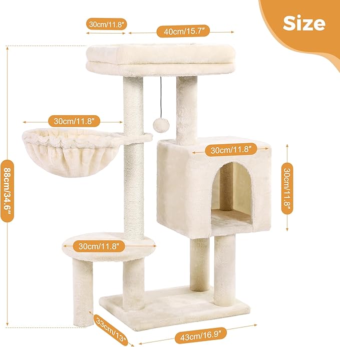 Small Cat Tree Beige Cat Tower with 32 Inches Scratching Post with Cats Condo House, Cozy Hammock and Removable Top Bed and Dangling Ball for Indoor Cats-34” Beige