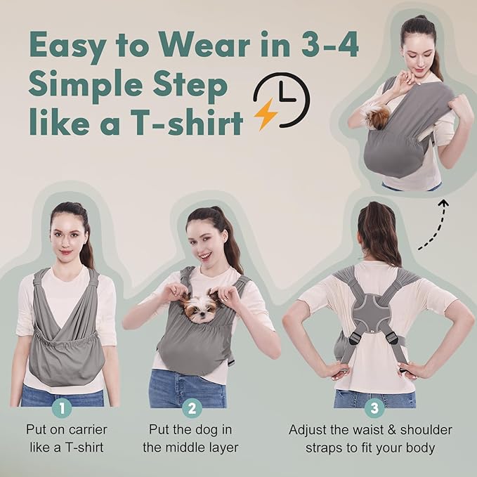 Supet Dog Sling Carrier for Small Pets, Hands Free Cat Sling, Reducing Back Neck Pain Anti-Anxiety Puppy Front, Adjustable Soft Dog Carrying (Grey, Plus 7-15 Lbs)