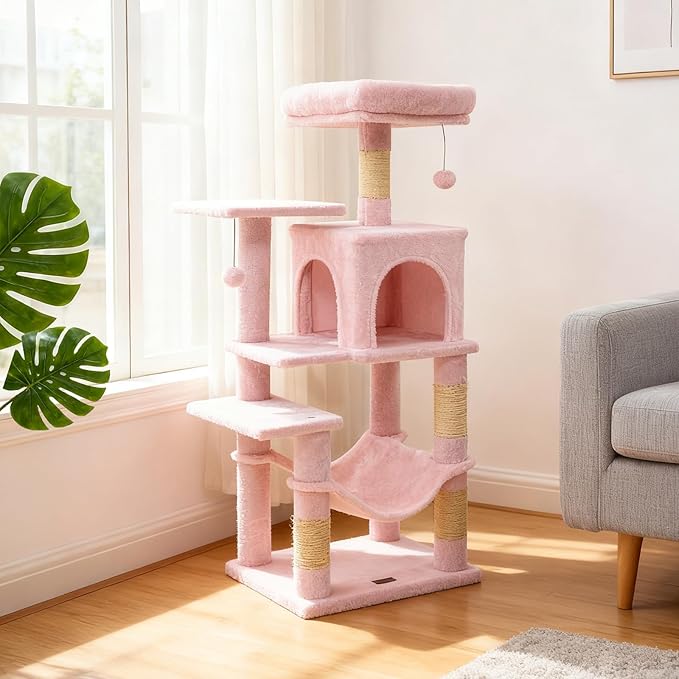 DORTALA Cat Tree for Indoor Cats, 44" Modern Cat Tower with Top Perch, Condo, Hammock, Sisal Scratching Posts, Dangling Balls, Platforms, Multi-Level Pet Climbing Furniture Playground (Pink)