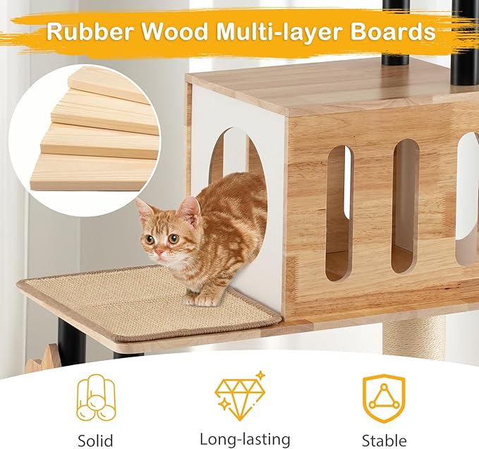 PETSITE 56 Inch Wood Cat Tree, Multi-Level Cat Tower with Sisal Scratching Posts, Dual Cat Condos, Removable Sisal Mats, and Hanging Balls with Bell, Modern Cat Tree Tower for Indoor Cats, Kittens