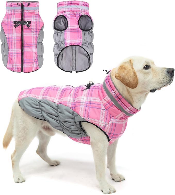 BEAUTYZOO Dog Winter Coat with Harness Built in, Reflective Plaid Puffer Vest Waterproof for X-Large Dogs, Fleece Warm Puppy Zipped Jacket with D Ring, Pet Cold Weather Sweater Clothes, Pink XL