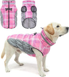 BEAUTYZOO Dog Winter Coat with Harness Built in, Reflective Plaid Puffer Vest Waterproof for X-Large Dogs, Fleece Warm Puppy Zipped Jacket with D Ring, Pet Cold Weather Sweater Clothes, Pink XL