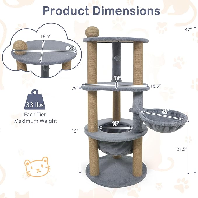 Tangkula Cat Tree for Indoor Cats, 47 Inch Multi-Level Cat Tower with Scratching Posts, Hammock, Basket Bed, Scratcher Ball, Top Perch, Dangling Toy, Cat Climbing Furniture Activity Center (Gray)
