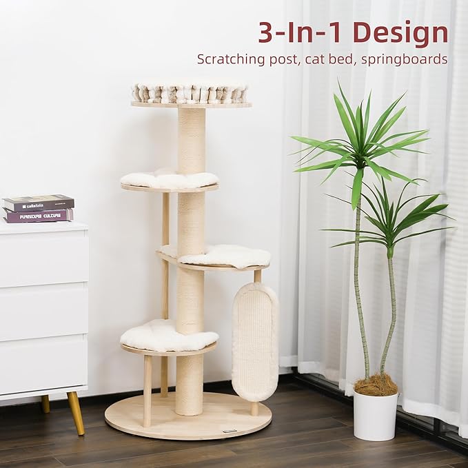 KAMABOKO Tall Modern Cat Tree, 53'' Cat Tower, Cat Tree for Indoor Cats Large Adult, Multi-Level Cat Scratching Post with 3 Imitation Rabbit Plush Padded Perches, Comfortable Pedal