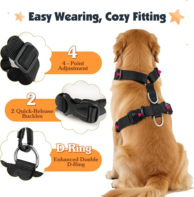 Pawaboo Dog Seat Belt Harness for Car, Dog Car Harness Seatbelt with Double Clips, Adjustable Breathable Pet Vest & Dogs Safety Tether with Elastic Bungee for Small Medium Large Pet, XXL, Orange/Black