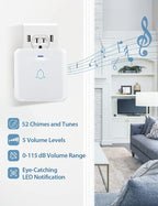 AVANTEK Wireless Doorbell, Waterproof Door Bell Chime Operating at over 1300 Feet, Classroom Doorbell with 52 Melodies, CD Quality Sound and LED Flash, 1 Button + 2 Plug-in Receivers, D-3W