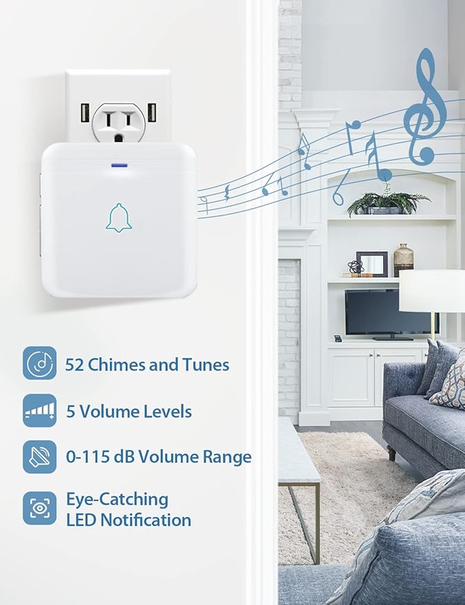 AVANTEK Wireless Doorbell, Waterproof Door Bell Chime Operating at over 1300 Feet, Classroom Doorbell with 52 Melodies, CD Quality Sound and LED Flash, 1 Button + 2 Plug-in Receivers, D-3W