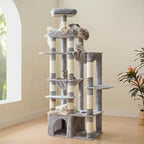 Heybly Cat Tree, 71-Inch Tall Cat Tower for Large Maine Coon Cats with Extra-Large Baseboard, Cat Condo Furniture with Multi-Level Platforms, 2 Hammocks and 12 Scratching Posts, Light Gray HCT037W