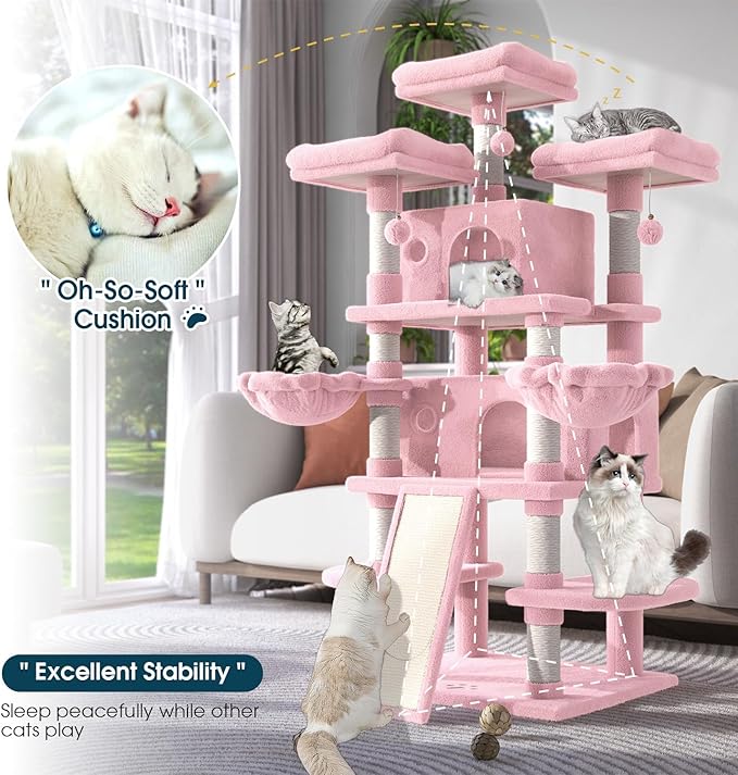 WEEWAY 68 Inches Multi-Level Large Cat Tree for Feline‌/Big Tower/Condo/Cozy Plush Kitty Perches/Fluffy Balls/Sisal Scratching Posts and Hammocks/Cave/Furniture Activity Center/Pink