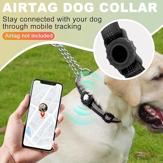 Cymiler Martingale Dog Collar with AirTag Holder, Reflective Nylon Training Collar, Stainless Steel Chain, Heavy Duty Buckle, Limited Slip Collars for Small Medium Large Dogs (Black, Medium)