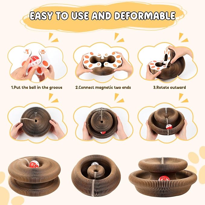 Kitty Kurlz, Kitty Kurlz Cat Toy, Magic Organ Cat Scratch Board, Magic Organ Cat Toy, Foldable Accordion Cat Toy with Bell Ball, Interactive Mental Physical Exercise for Indoor Cats