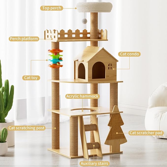 Cat Tree, Wood Cat Tree Tower for Indoor Cats, 60.7" Modern Cat Tower with Sisal-Covered Scratching Posts and Top Perch，Cat Condo with Acrylic Hammock for Small Large Cats