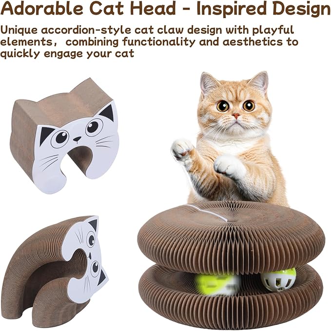 Qoosea Kitty Kurlz Indoor Cat Toy, Cat Paw-Shaped Accordion Cat Scratcher with Bell Ball & Magnetic Design, Made of Corrugated Cardboard and Sturdy