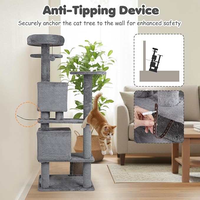 Tangkula Cat Tree Tower, 52 Inch Multi-Level Cat Tower with Sisal Scratching Posts, Cushioned Top Perch, Large Dual Condos & Ladder, 2 Hanging Balls, Jumping Platforms for Indoor Cats (Light Gray)