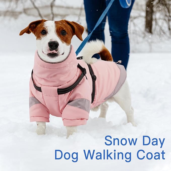 Dog Winter Coat with Adjustable Reflective Harness Built in -M | Turtleneck Water-Repellent Coats with Sleeves for Small Dogs Boy,Cold Weather Coats,Warm Jacket for Schnauzer (Light Pink)