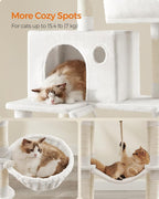 Feandrea Cat Tree, 81.1-Inch Large Cat Tower, Multi-Level Plush Condo with 13 Scratching Posts, 2 Perches, 2 Caves, Basket, Hammock, Pompoms, Cream White UPCT190T01