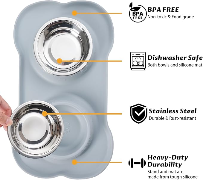 Hubulk Pet Dog Bowls 2 Stainless Steel with No Spill Non-Skid Silicone Mat + Pet Food Scoop Water and Food Feeder Bowls for Feeding Small Medium Large Dogs Cats Puppies ( Gray)