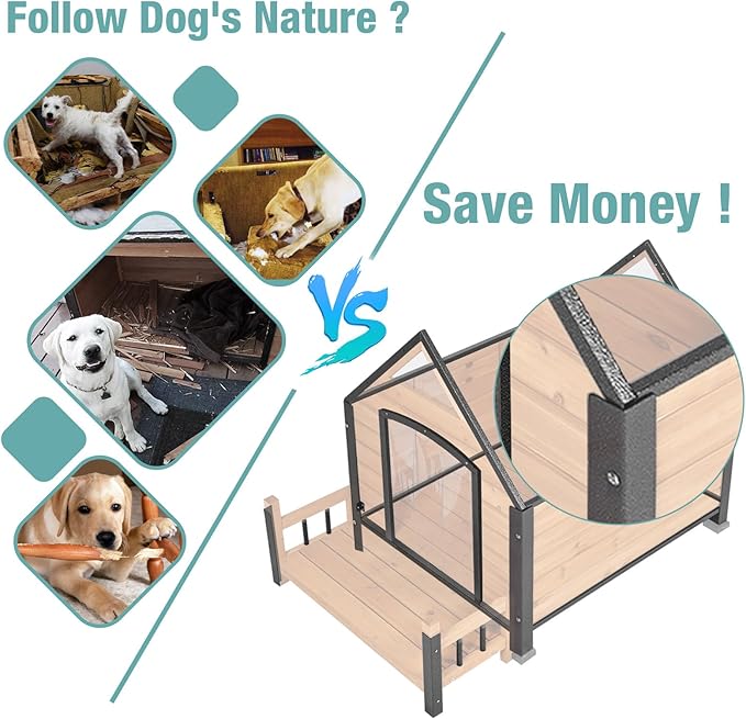 Large Dog House with Proch, Weatherproof Outdoor Kennel for Large Dogs, Chew-Resistant Iron Frame & Asphalt Roof for Outdoor (Wood, XL)