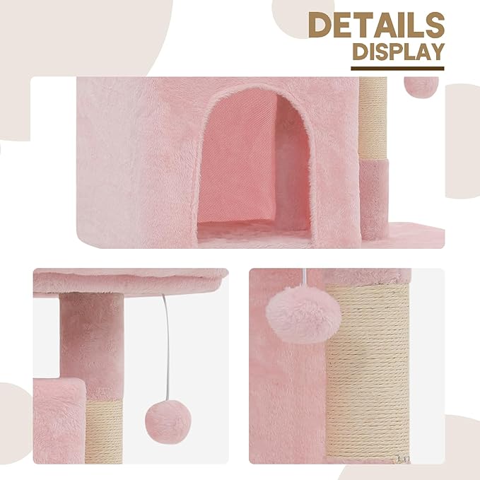 34" Cat Tree Tower Multi-Level Cat Condo with Large Perch, Sisal Scratching Posts and Sisal Ramp for Kittens to Adults Cats, Fits Living Room, Bedroom, Apartments (Pink)