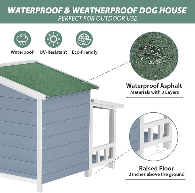 Ritsu Outdoor Dog House, Waterproof Dog Kennel, Wooden Indoor Dog House, Log Cabin Style with Porch,Elevated Floor, 2 Doors