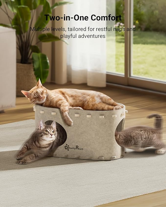 DownyPaws Cat House for Indoor Cats, Cat Bed Cave for Multiple & Large Cats Up to 22 Lbs, Scratch Resistant, Foldable Peekaboo Kitten Caves Tunnel Enclosed Bed, PeekaPurr, Cream