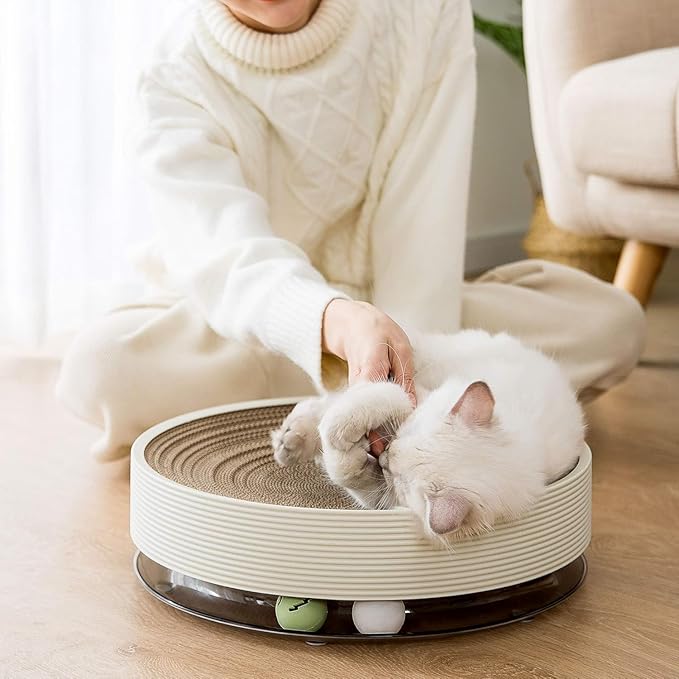 3-in-1 Cat Scratcher Toy with Track Ball, Round Cardboard Cat Scratcher Lounge & Bed, Interactive Cat Toy for Indoor Cats, Durable Scratching Pad with 2 Spinning Balls