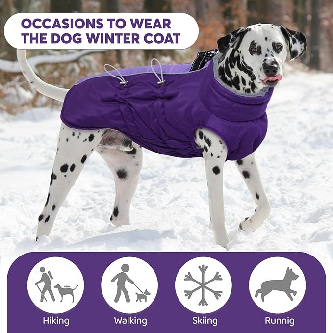 IDOMIK Warm Dog Coat with Harness, Waterproof Reflective Dog Jackets for Small Medium Large Dogs, Fleece High Collar Winter Jacket with Zipper, Pet Winter Snowsuit Clothes for Cold Weather,Purple M