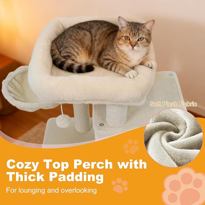 Tangkula Cat Tree Tower, 33.5 Inch Cute Cat Tower with 2-Tier Large Condo, Sisal Scratching Posts, Padded Top Perch, Dangling Toy, Rotatable Cozy Basket, Cat Climbing Furniture (Beige)
