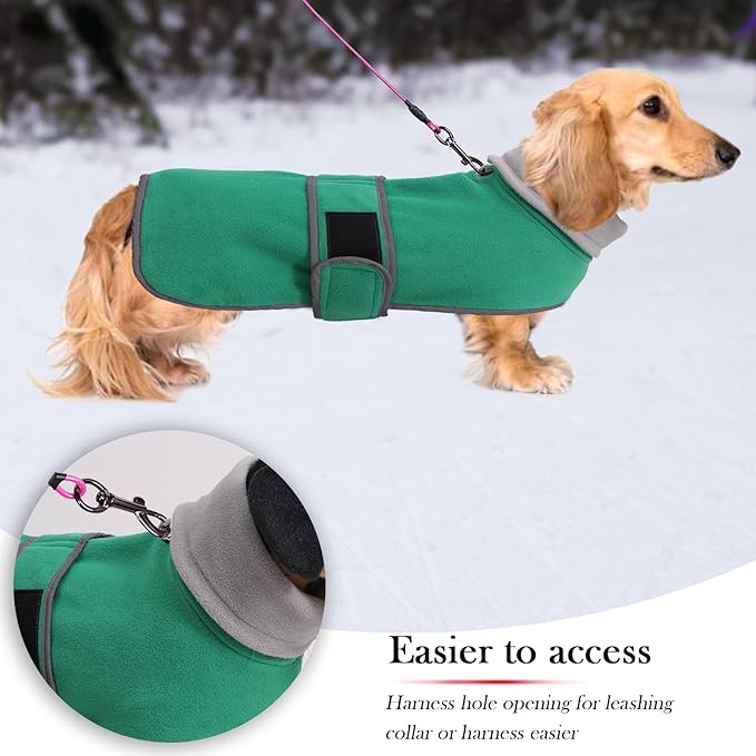Geyecete Dachshund Sweater - Padded Fleece Lining Dog Jacket, Dachshund Coat - Green, XS