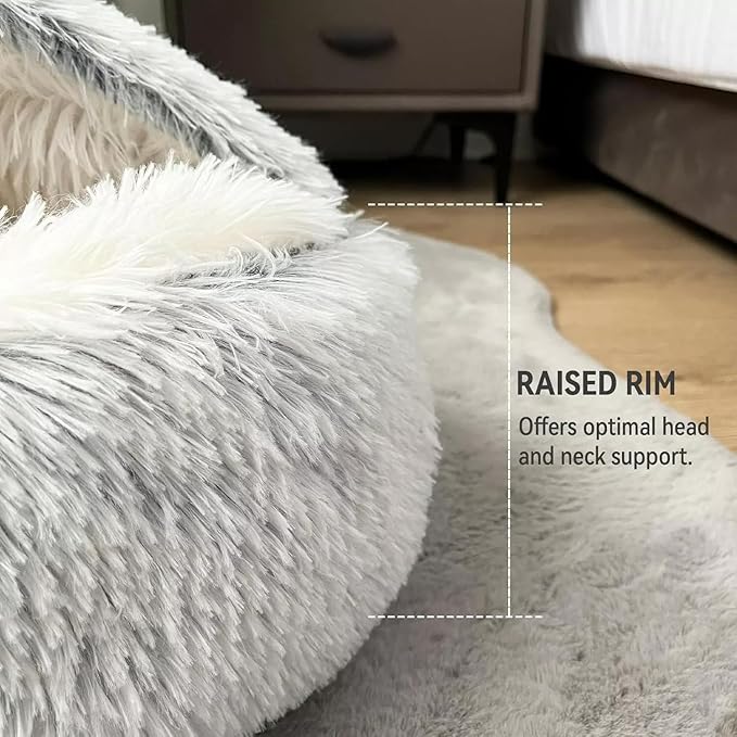 Cat Bed Round Fluffy Hooded Cat Bed Cave, Anti-Anxiety Cave Bed with Hooded Blanket, Cozy Cuddler Luxury Puppy Pet Bed, Anti-Slip Bottom and Machine Washable