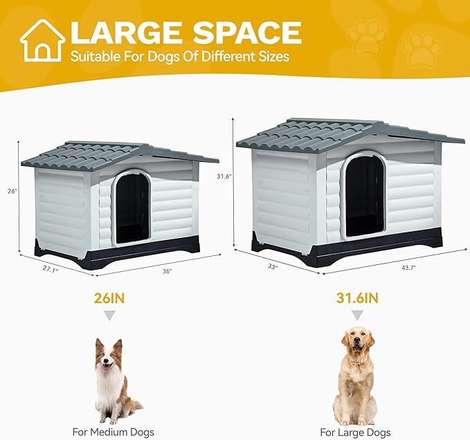 DWVO 36'' 2-Door Dog House with Elevated Base & Cushion, Plastic Pet House for Small and Medium Dogs, Easy Assembly, Water-Resistant for Indoor/Outdoor Use (36''L x 27.1''W x 26''H)