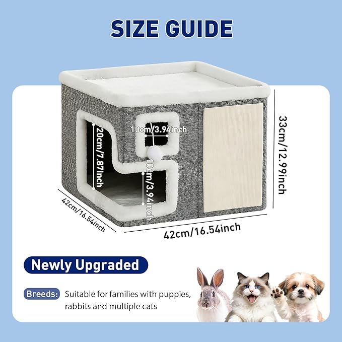 Cat Houses for Indoor Cats,Foldable with Cat Scratch Pad and Hanging Fur Ball - Washable Semi-Enclosed Cat Bed, Warming Comfy Cat Tent,16.5x16.5x12.99inch, Grey